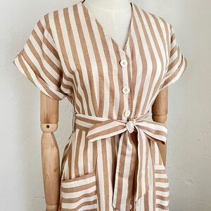 Striped Tan and White Button-Up Dress